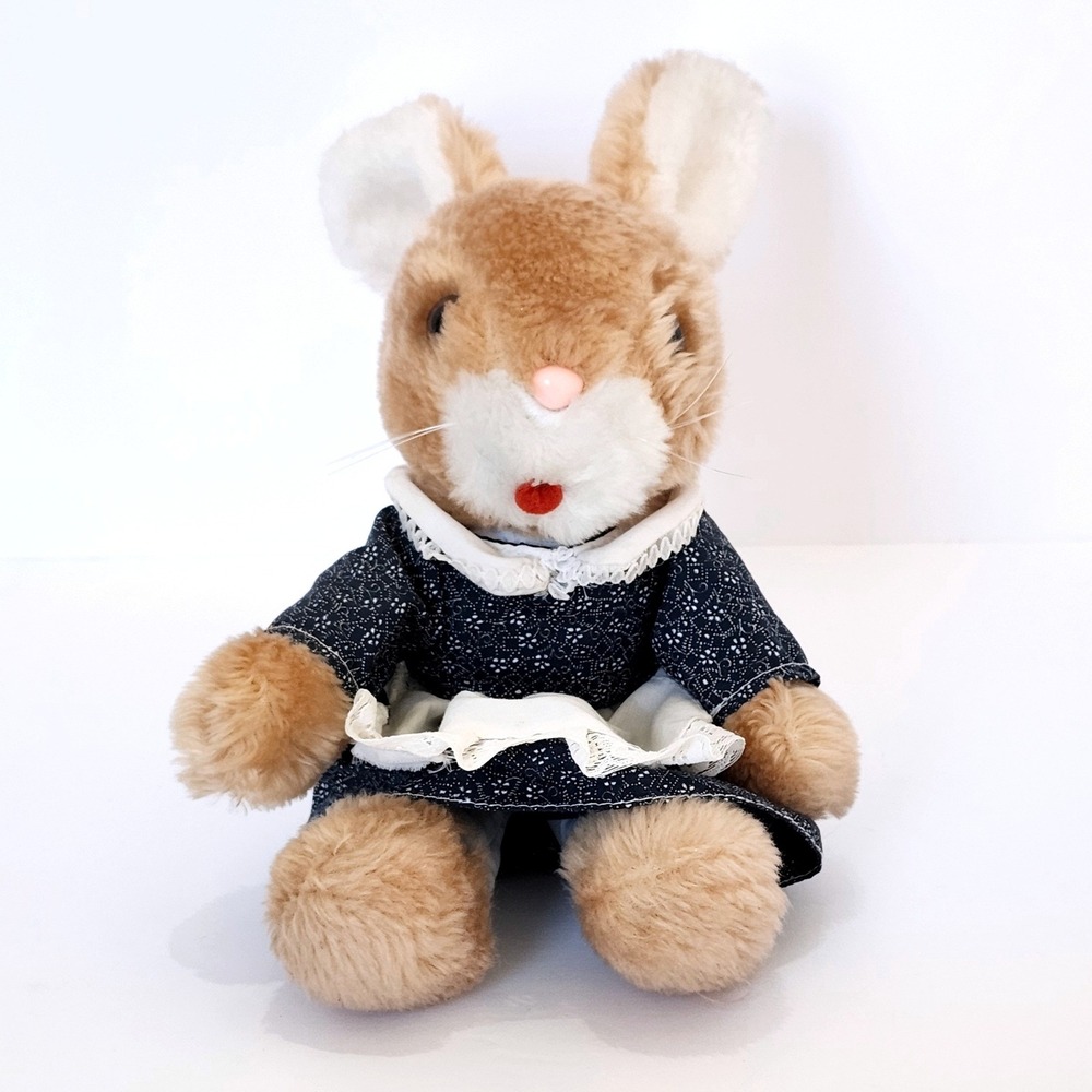 Vintage 1979 Russ Berrie FLORA Tan Bunny Rabbit Plush with Blue White Dress